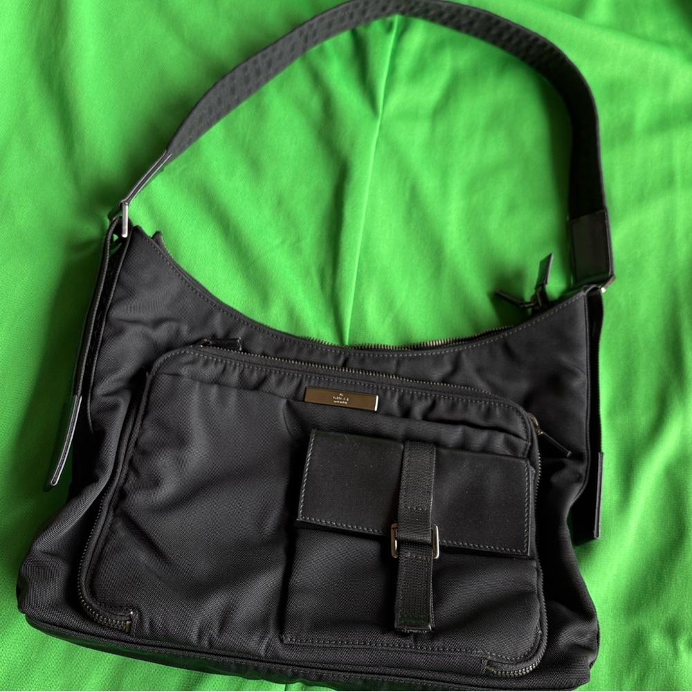 Gucci Black Shoulder Bag with Front Buckle Pocket and Zip Compartment